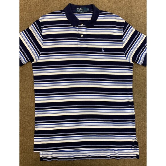 Vintage Polo Ralph Lauren Shirt Mens M Short Sleeve Polo Blue Striped 90s Preppy - Picture 1 of 6